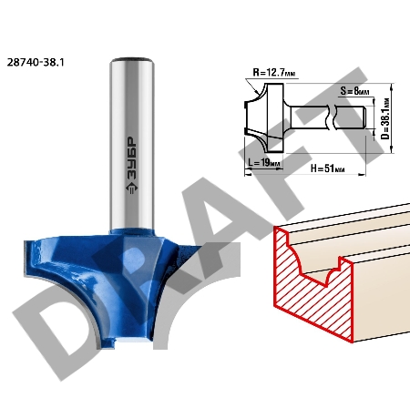 Фреза ЗУБР 28740-38.1 пазовая фасонная №1 d= 38.1мм дл.-19мм рад.-12.7мм хв.-8мм Фреза ЗУБР 28740-38.1 пазовая фасонная №1 d= 38.1мм дл.-19мм рад.-12.7мм хв.-8мм
