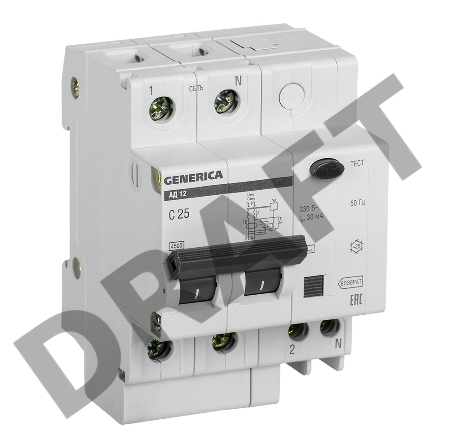 Выключатель автоматический дифференциального тока 2п 25А 30мА АД12 GENERICA ИЭК MAD15-2-025-C-030