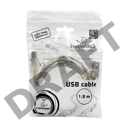 Кабель USB 2.0 Pro Cablexpert CCF-USB2-AMBM-TR-6, AM/BM, 1,8м, экран, феррит.кольца, прозрачный, пакет
