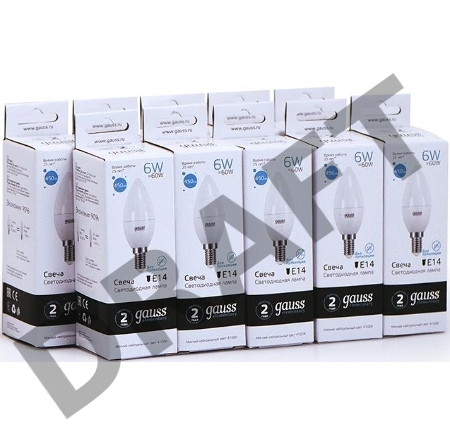 Лампа светодиодная Gauss Elementary 6Вт цок.:E14 свеча 220B 4100K св.свеч.бел.ней. C37 (упак.:10шт) (33126)