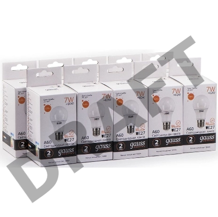 Лампа светодиодная Gauss Elementary 7Вт цок.:E27 груша 220B 3000K св.свеч.бел.теп. A60 (упак.:10шт) (23217A)