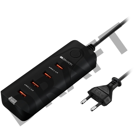 Сетевая зарядка CANYON Universal 4xUSB AC charger (in wall) with over-voltage protection, Input 100V-240V, Output 5V-4.2A, with Smart IC, Black rubber coating+ orange plastic part of USB, 127.7*50*24.5mm, 0.126kg