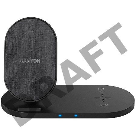 Беспроводное зарядное устройство CANYON WS-202 2in1 Wireless charger, Input 5V/3A, 9V/2.67A, Output 10W/7.5W/5W, Type c cable length 1.2m, PC+ABS,with PU part ,180*86*111.1mm, 0.185Kg,Black