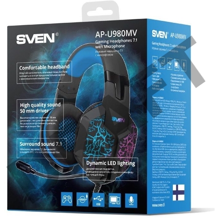 Гарнитура SVEN AP-U980MV, черный-синий (USB, LED, 7.1, 2.2m)