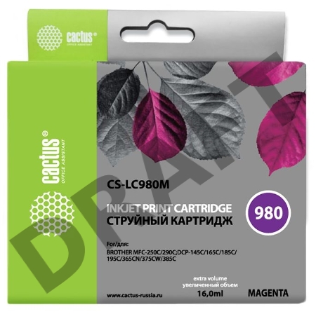 Картридж струйный Cactus CS-LC980M пурпурный для Brother DCP-145C/165C MFC-250C/290C (16ml)