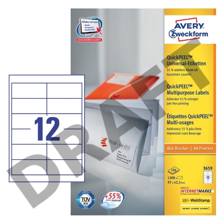 Этикетки Avery Zweckform 3659 A4 97x42.3мм 12шт на листе/70г/м2/100л./белый матовое самоклей. универсальная