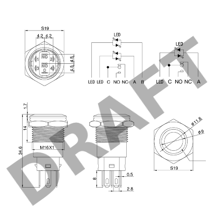 Кнопка  антивандальная Ø16 250В Б/Фикс (5с) (ON)-OFF плоская подсв/красная POWER  REXANT