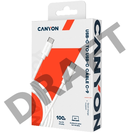 Кабель CANYON C-9, 100W, 20V/ 5A, typeC to Type C, 1.2M with Emark, Power wire :20AWG*4C,Signal wires :28AWG*4C,OD4.3mm +/- 0.2mm, PVC ,White