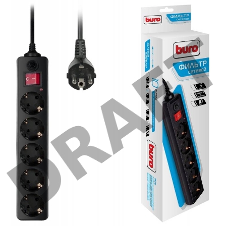 Сетевой фильтр BURO Сетевой фильтр, 5 розеток, 3 метра, (500SH-3-B), черный {992293}