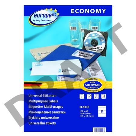 Этикетки Europe100 ELA038-100 ELA038 A4 105x42.3мм 14шт на листе/70г/м2/100л./белый матовое самоклей. универсальная