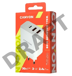 Сетевая зарядка CANYON Universal 3xUSB AC charger (in wall) with over-voltage protection(1 USB-C with PD Quick Charger), Input 100V-240V, OutputUSB-A/5V-2.4A+USB-C/PD30W, with Smart IC, White Glossy Color+ orange plastic part of USB, 96.8*52.48*28.5mm, 0.