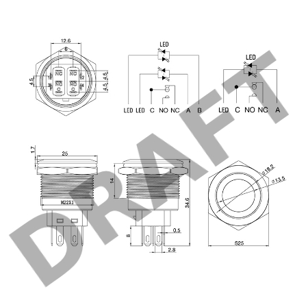 Кнопка  антивандальная Ø22 12В Б/Фикс (5с) (ON)-OFF/(OFF)-ON подсв/красная  REXANT