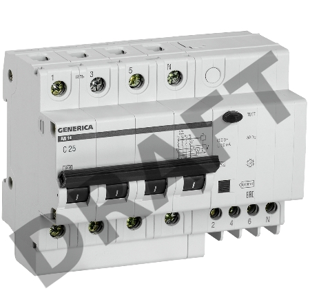 Выключатель автоматический дифференциального тока 4п 25А 30мА АД14 GENERICA ИЭК MAD15-4-025-C-030