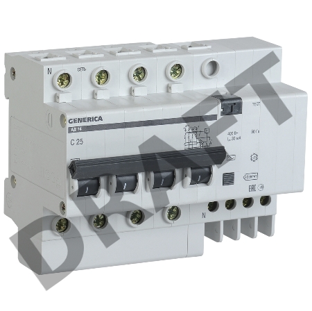 Выключатель автоматический дифференциального тока 4п 25А 30мА АД14 GENERICA ИЭК MAD15-4-025-C-030