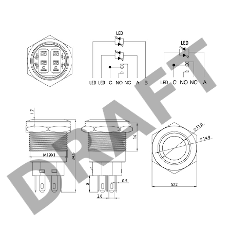 Кнопка  антивандальная Ø19 250В Фикс (5с) ON-OFF/OFF-ON подсв/синяя  REXANT