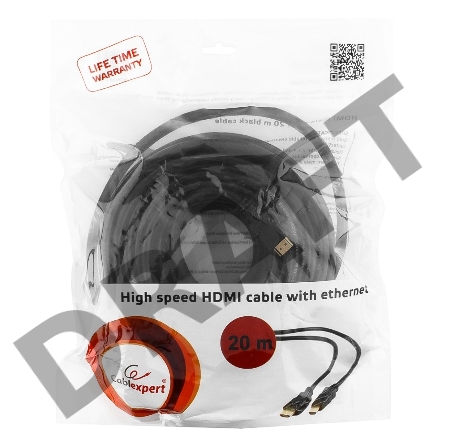 Кабель HDMI Gembird, 20м, v1.4, 19M/19M, черный, позол.раз., экран, пакет, CC-HDMI4-20M