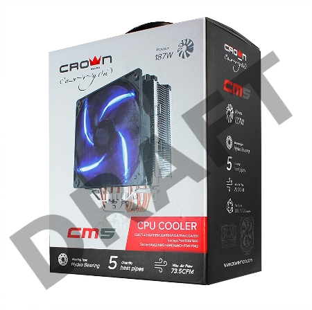 Кулер CROWN CM-5 (Для Intel и AMD,TDP до 187 Ватт,5шт. теплопроводных трубок,Синяя светодиодная подсветка,Гидродинамическии? подшипник,Размер: 148*126*85 мм)