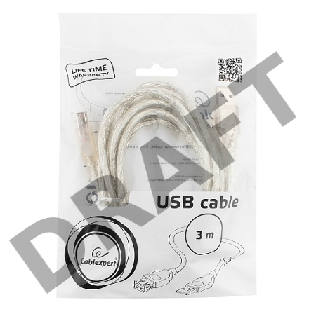Кабель Cablexpert USB2.0 Pro, AM/AF, 3м, экран, 2 феррит.кольца, прозрачный (CCF-USB2-AMAF-TR-10)