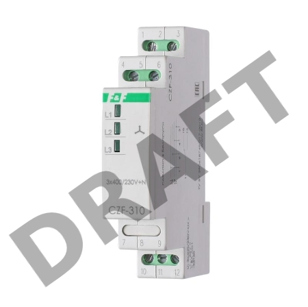 Реле контроля фаз CZF-310 (1 модуль; монтаж на DIN-рейке; 3х400/230+N 8А 1NO/NC IP20) F&F EA04.001.005