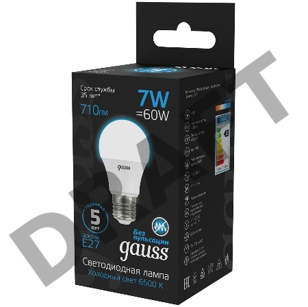 Лампа светодиодная Gauss 102502307 7Вт цок.:E27 груша 220B 6500K св.свеч.бел.хол. (упак.:10шт)