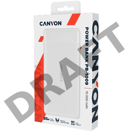 Аккумулятор CANYON PB-109 Power bank 10000mAh Li-poly battery, Input Lightning &Type C  : 5V/2A, 9V/2A PD 18W(Max), Output Type C 5V/3A,9V/2.2A,12V/1.5A 20W,  Output USB A:5V3A,9V2A,12V1.5A,18W quick charging cable 0.3m, 144*68*16mm, 0.24kg, White