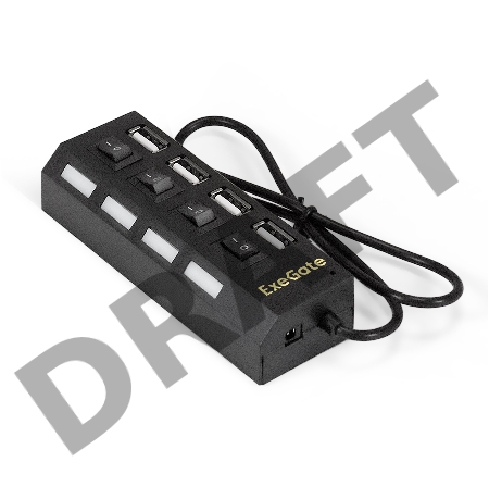 USB-Хаб (концентратор) ExeGate EX293977RUS DUB-42SW (кабель-адаптер USB2.0 --> 4xUSB2.0, кнопки включения/отключения для каждого порта, Plug&Play, черный)