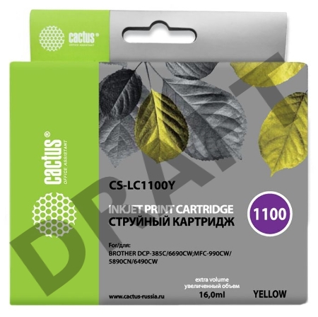 Картридж струйный Cactus CS-LC1100Y желтый для Brother DCP-385c/6690cw; MFC-990/5890/5895 (16ml)
