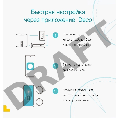 Бесшовный Mesh роутер AX3000 Whole Home Mesh Wi-Fi 6 UnitSPEED: 574 Mbps at 2.4 GHz + 2402 Mbps at 5 GHzSPEC: 2× Internal Antennas, 3× Gigabit Ports (WAN/LAN auto-sensing), 2 Streams and HE160 for 5GHzFEATURE: Deco App, Router/AP Mode, IPv6, IPTV, HomeShi