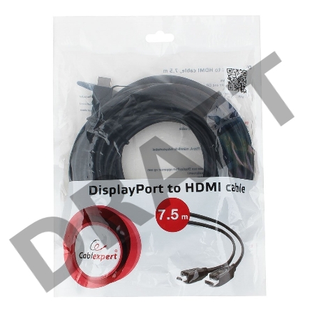 Кабель Cablexpert DisplayPort->HDMI, 7.5м, 20M/19M, черный, экран, пакет 