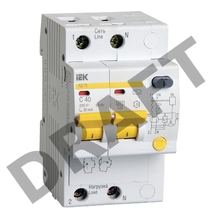 Выключатель автоматический дифференциального тока 2п C 40А 30мА тип AC 4.5кА АД-12 ИЭК MAD10-2-040-C-030