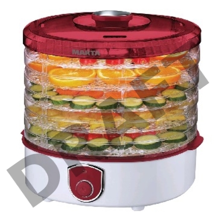 Сушилка для овощей MARTA MT-1950 красный рубин сушилка д/фруктов,овощей 250W 5 регулируемых по высоте съемных секций, (размер 1 секции 24*28см), объем 11л, Температура сушки ~ 60°С, встроенный вентилятор, индикатор работы, подходит для сушки овощей, фрукт