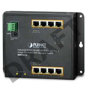 Индустриальный коммутатор Planet IP30, IPv6/IPv4, 8-Port 1000TP + 2-Port 100/1000F SFP Wall-mount Managed Ethernet Switch (-40 to 75 C), dual redundant power input on 12-48VDC / 24VAC terminal block and power jack, SNMPv3, 802.1Q VLAN, IGMP Snooping, SSL,