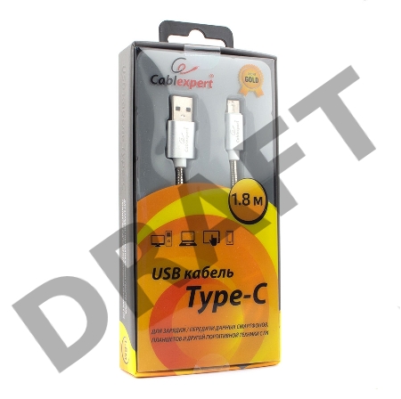 Кабель USB 2.0 Cablexpert CC-G-USBC02S-1.8M, AM/Type-C, серия Gold, длина 1.8м, серебро, блистер