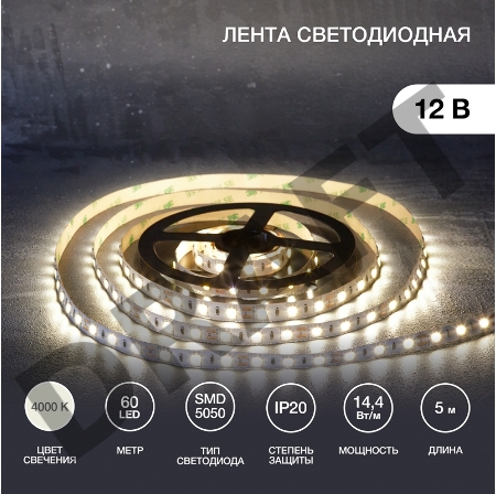 LED-лента 5 м 12 В 5050 4000 К IP23 60 LED/м для БП с клеммами LAMPER