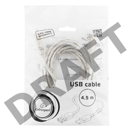 Кабель удлинитель USB2.0 Pro Cablexpert CCF-USB2-AMAF-TR-15, AM/AF, 4,5м, экран, 2феррит.кольца, прозрачный, пакет