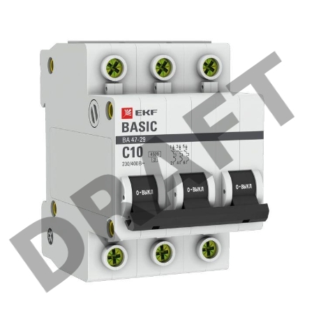 Выключатель автоматический модульный 3п C 10А 4.5кА ВА 47-29 Basic EKF mcb4729-3-10C
