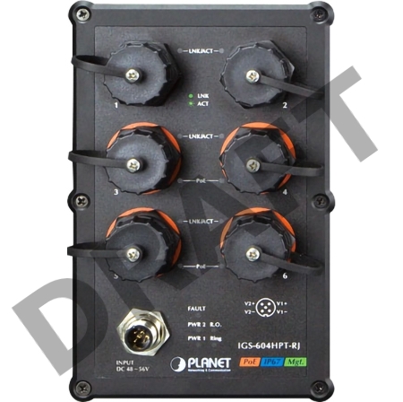 Коммутатор PLANET IP67-rated Industrial L2+ 4-Port 10/100/1000T 802.3at PoE + 2-Port 10/100/1000T Managed Ethernet Switch(-40~75 degrees C), ERPS Ring, 1588,  6 x waterproof RJ45 connectors included