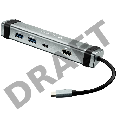 Док-станция CANYON DS-3 Multiport Docking Station with 4 ports:1*Type C male+1*Type C female+2*USB3.0+1*HDMI, Input 100-240V, Output USB-C PD 5-20V/3A&USB-A 5V/1A, cabel 0.12m, Space grey, 150.8*33.7*24mm, 0.112kg