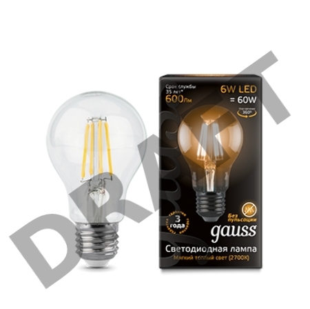 Лампа светодиодная GAUSS 102802106  LED Filament А60 Е27 6Вт 2700к 1/10/40