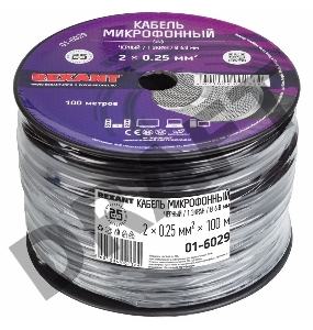 Кабель микрофонный REXANT 2х0,25 мм², ø 6,8 мм, черный, бухта 100 м