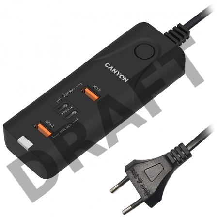Зарядное устройство CANYON H-10, Wall charger. CNE-CHA10B Input: 100-240V~50/60Hz 1.0A Max Output1/Output2: DC USB-A QC3.0 5.0V/3.0A,9.0V/2.0A,12.0V/1.5A 18.0W(Max)USB-C PD 5.0V/3.0A,9.0V/2.22A,12.0V/1.67A 20.0W(Max)USB-A+C 5.0V/3.0A 15.0W(Max)Total Power