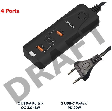 Зарядное устройство CANYON H-10, Wall charger. CNE-CHA10B Input: 100-240V~50/60Hz 1.0A Max Output1/Output2: DC USB-A QC3.0 5.0V/3.0A,9.0V/2.0A,12.0V/1.5A 18.0W(Max)USB-C PD 5.0V/3.0A,9.0V/2.22A,12.0V/1.67A 20.0W(Max)USB-A+C 5.0V/3.0A 15.0W(Max)Total Power