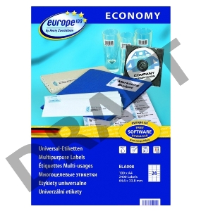 Этикетки Europe100 ELA008-100 ELA008 A4 64.6x33.8мм 24шт на листе/70г/м2/100л./белый матовое самоклей. универсальная