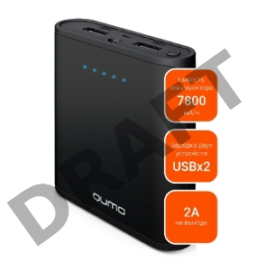 Портативное зарядное устройство Qumo PowerAid 7800, 7800 мА-ч, 2 USB 1A+2A, вход 1А, черный, корпус ABS пластик