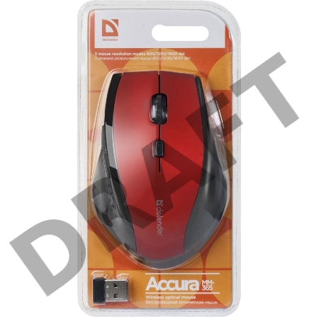 Мышь Беспроводная оптическая мышь Defender Accura MM-365 красный {6 кнопок, 800-1600 dpi} [52367]