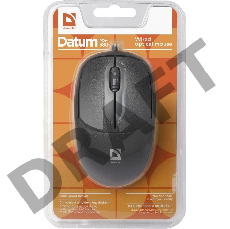 Мышь Defender Проводная оптическая мышь Datum MS-980 черный,3 кнопки,1000dpi Defender Проводная оптическая мышь Datum MS-980 черный,3 кнопки,1000dpi