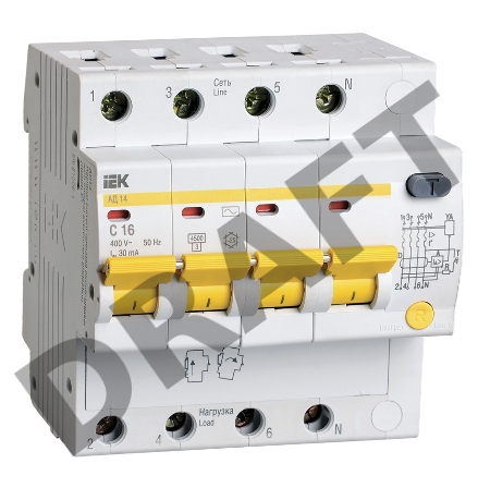 Выключатель автоматический дифференциального тока 4п C 16А 30мА тип AC 4.5кА АД-14 ИЭК MAD10-4-016-C-030