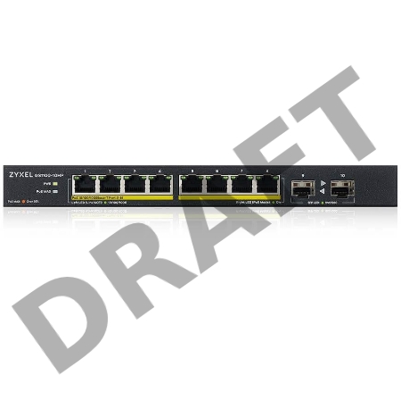 Коммутатор PoE+ Zyxel GS1100-10HP, 8xGE PoE+, 2xSFP, настольный, бесшумный, бюджет PoE 130 Вт