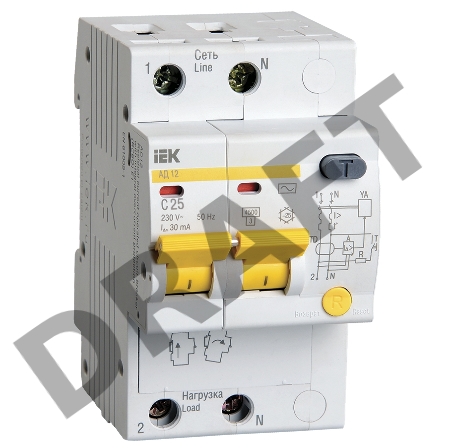 Выключатель автоматический дифференциального тока ИЭК 2п 25А/30мА  АД-12 MAD10-2-025-C-030