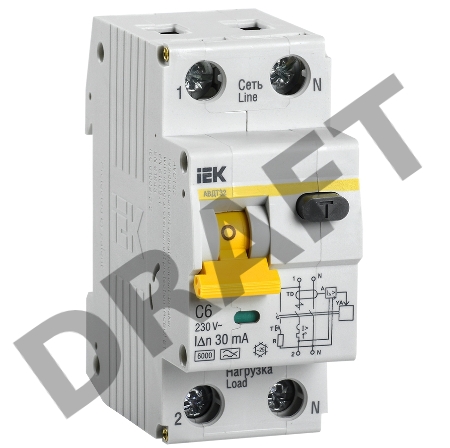 Выключатель автоматический дифференциального тока 2п (1P+N) C 6А 30мА тип A 6кА АВДТ-32 ИЭК MAD22-5-006-C-30